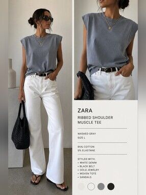 Zara Washed Gray Oversized Muscle Tee Ribbed Shoulder Top L